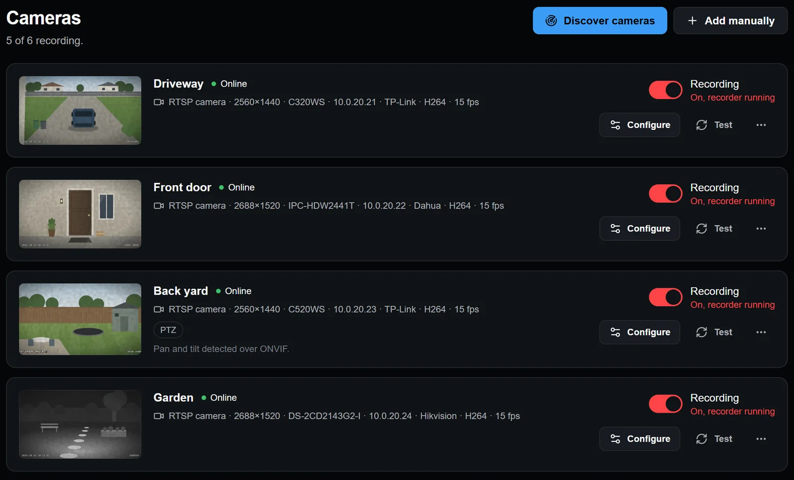 The Cameras page: a list of cameras with snapshots, stream details and a recording switch for each.
