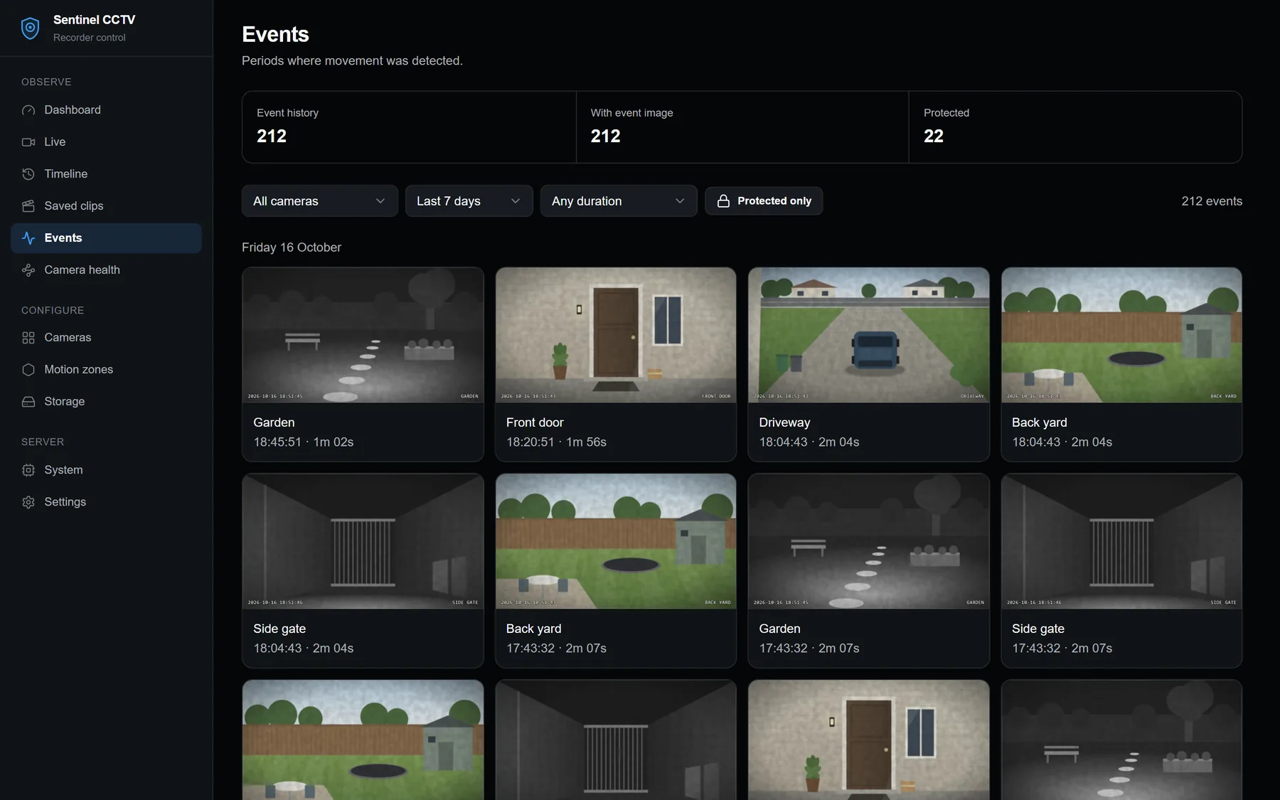 The Events page: motion events from several cameras, each with a picture, grouped by day.